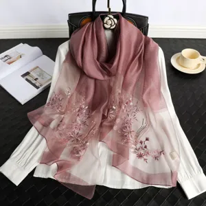 Women Fashion Silk Scarf Floral Embroidered Long Shawl Lightweight Soft Sun Protection Scarf For Daily Wear