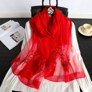 Red Silk Embroidered Scarf Floral Sequins Sunscreen Shawl for Women Elegant Long Stole