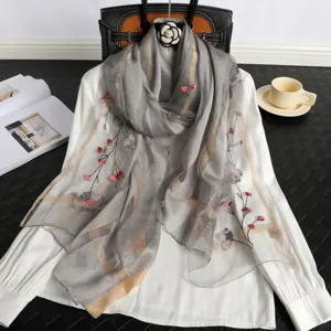 Grey silk wool embroidered scarf with elegant plum blossom pattern, winter fashion accessory.