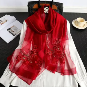 Elegant red silk embroidered scarf with floral sequin details, perfect for sun protection and style.