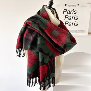 Women's winter warm floral fringe scarf shawl, ethnic style soft core-spun yarn wrap.