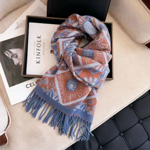 Cozy winter tassel scarf with geometric print thick warm casual shawl for women daily wear