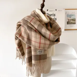 Classic plaid fringe winter scarf for women, warm cozy vintage tartan shawl, stylish design.