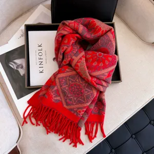Autumn winter thick red patterned scarf with fringe, cozy warm fashion shawl for women.