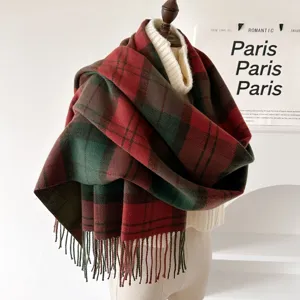 Classic red green tartan plaid fringed scarf, warm winter cozy shawl wrap for women.