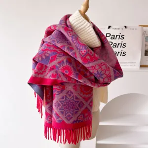 Thick winter jacquard scarf shawl with fringe warm stylish soft fashion accessory for women