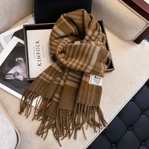 Cómoda bufanda de flecos a cuadros marrones para mujer, bufanda de invierno clásica y cálida.