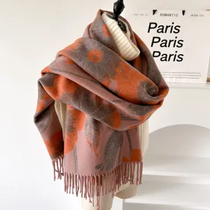 Women winter warm cashmere-feel scarf floral tassel shawl fashion elegant winter neck wrap