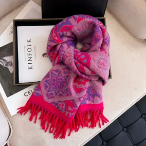 Stylish pink purple winter women warm knitted scarf with elegant tassel fashion gift