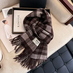 Cozy brown plaid winter tassel scarf for women, warm stylish retro check design shawl.