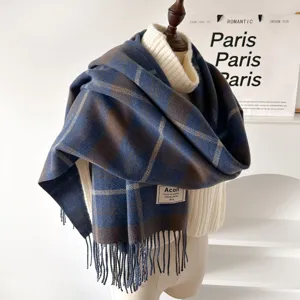 Cozy blue brown plaid tassel scarf for women winter warm oversized shawl fashion design