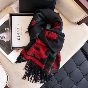 Detailed view of women's autumn winter floral jacquard scarf with soft fringe black warm.