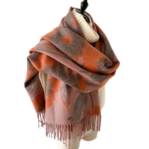 Cozy autumn winter floral print imitation cashmere shawl scarf with stylish fringe details.