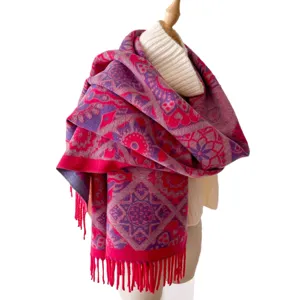 Winter thick warm patterned scarf shawl for women with elegant fringe design and stylish look.