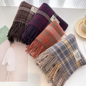 Winter warm plaid tassel scarf for women, classic checkered fashion neck warmer cozy design.