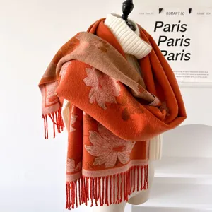 Autumn winter women jacquard scarf warm thick floral core spun yarn long tassel shawl