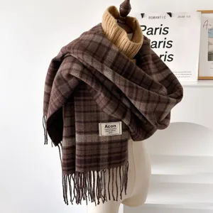 Brown plaid scarf winter warm fringed women casual neckwear fashion accessory daily outfit