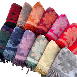 Fashion floral jacquard women winter scarf thick warm fringe shawl versatile neckerchief