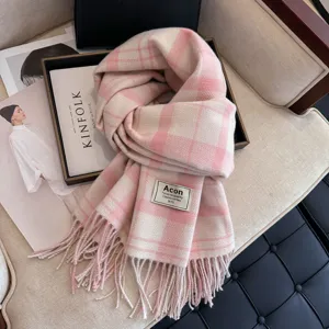 Cozy pink and white plaid fringe scarf for women, trendy winter warm thick cashmere-feel shawl.