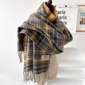 Autumn winter classic plaid scarf with fringe stylish warm neck wrap for women detail view.