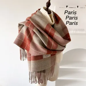 Winter warm color block plaid fringe scarf women fashion casual oversized shawl wrap accessory.