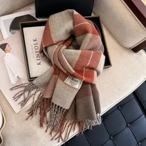 Winter Warm Plaid Tassel Scarf For Women Soft Polyester Colorblock Checkered Long Shawl Casual Versatile Fashion Muffler