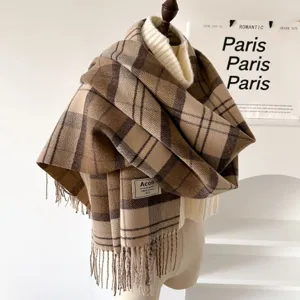 Chic brown plaid tassel scarf for women, warm winter knitted shawl and stylish daily neckwear.