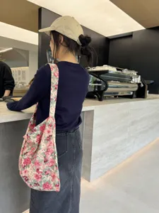 Women Casual Floral Canvas Shoulder Bag Vintage Tote Bag Cotton Fabric Daily Shopping Bag Student Handbag