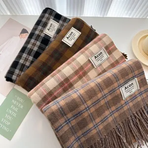 Autumn and winter classic plaid tassel scarf for women, cozy soft warm thick neck wrap accessory.