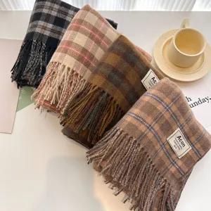Cozy plaid winter scarf with fringed edges, soft warm wool blend fashion neck wrap for women.