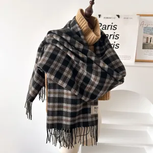 Autumn winter plaid scarf with fringe cozy warm vintage check design for women fashion daily wear.