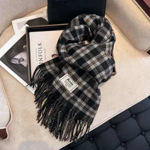 Classic black brown plaid fringed winter scarf stylish warm soft neck warmer detail view accessory