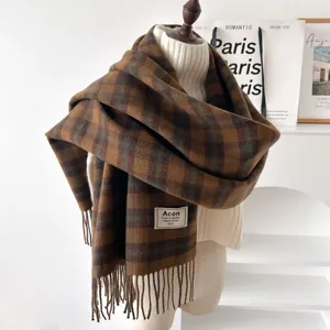 Winter brown plaid scarf for women, warm Korean style tassel neck warmer, vintage fashion accessory.
