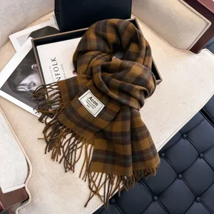 Classic plaid winter scarf with fringed edges, cozy warm neck wrap for women and girls.