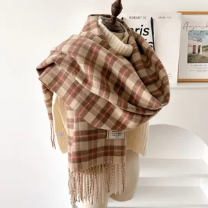 Women's autumn winter plaid scarf classic camel fringe cozy warm neck wrap soft fashion