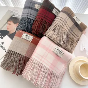 Cozy winter plaid fringed scarf for women, classic oversized soft warm tartan design.