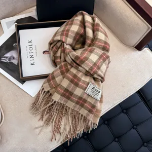 Cozy autumn winter plaid scarf for women, soft warm tassel neck warmer, stylish daily wear detail.