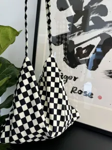 Black and white checkered canvas tote bag, casual daily shoulder bag for women and students.