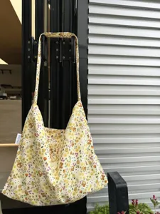 Korean style floral canvas shoulder bag cute yellow bear pattern casual crossbody bag for women