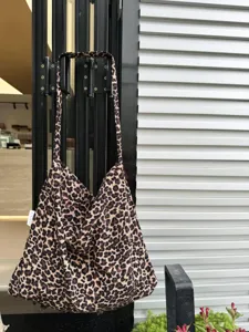 Leopard print canvas tote bag casual shoulder bag large capacity daily student handbag