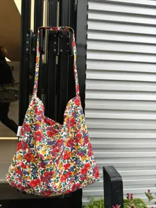Korean vintage floral canvas shoulder bag, casual cotton hobo crossbody bag for women.