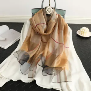 Elegant silk plaid scarf for women, lightweight vintage check design shawl for daily wear.