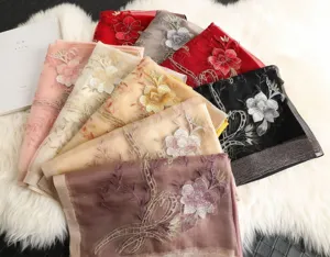 Details of autumn winter embroidered silk wool blend scarf with elegant floral patterns.