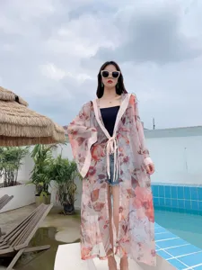 Floral print sheer beach cover up cardigan long sleeve summer sunscreen kimono outerwear.