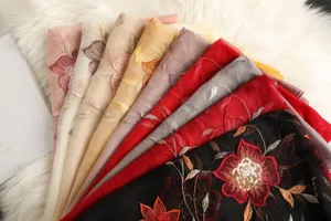 Detailed view of women embroidered sequin floral silk wool scarf shawl showing vibrant colors.