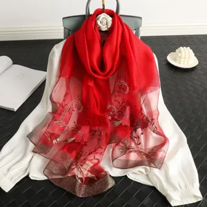 Red silk wool embroidered scarf winter warm luxury shawl elegant floral women scarf