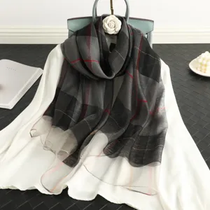 Silk wool plaid scarf for women, lightweight grey winter shawl and stylish sun protection wrap.