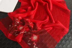 Red silk wool scarf with embroidered sequin flowers, elegant women's shawl for autumn.