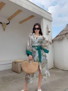 Stylish tropical palm leaf print summer beach cover up kimono with green belt for women.