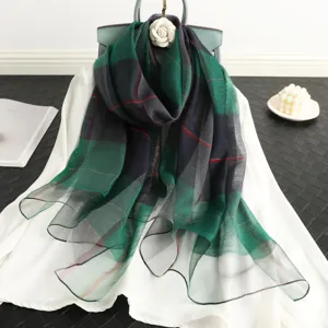 Green plaid silk wool scarf women elegant lightweight shawl autumn winter warm fashion wrap